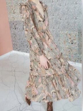 ULLA JOHNSON Paola Floral Print Silk Long Sleeve Midi Dress